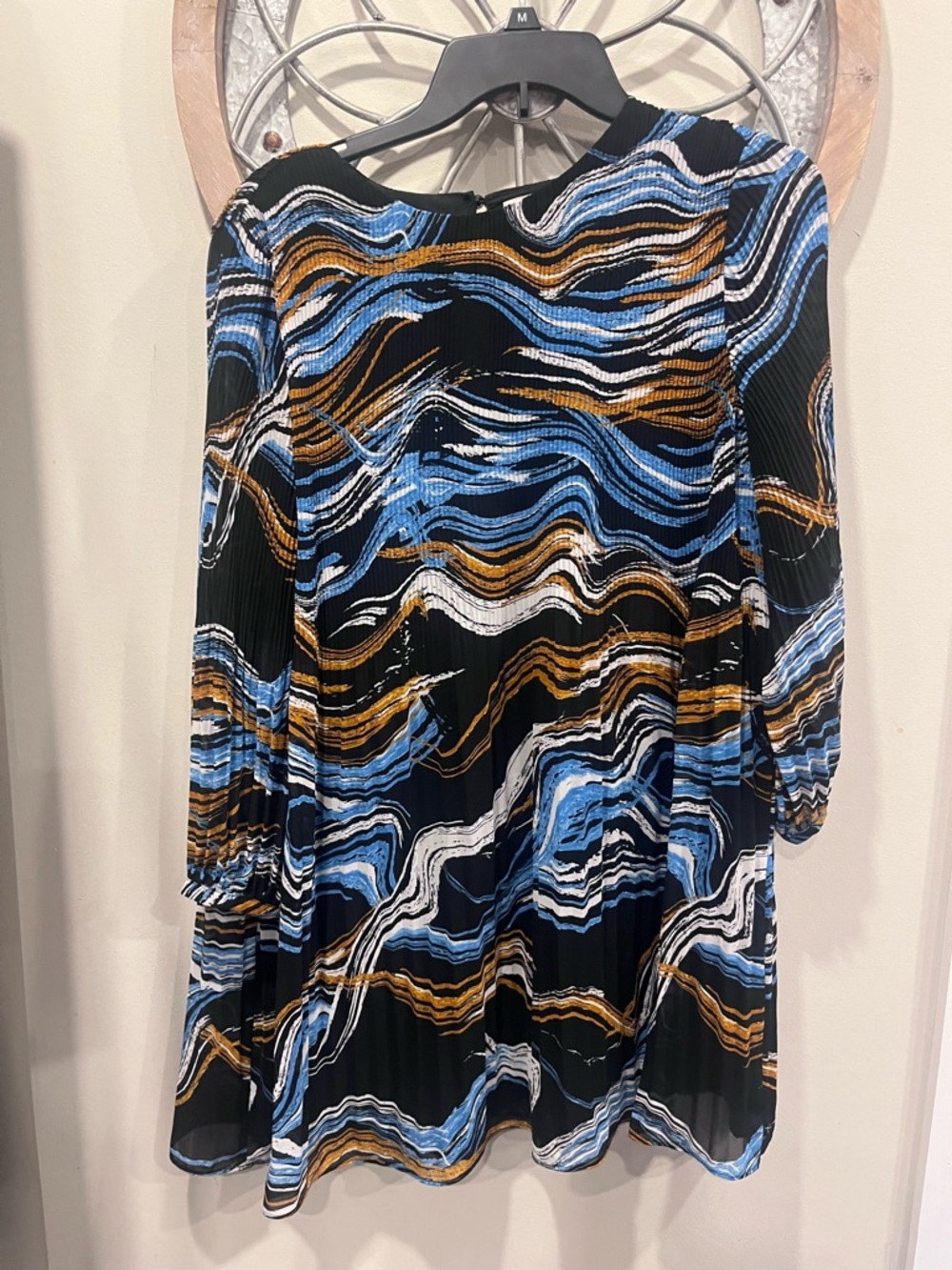 Nine West Black dress with Blue, Gold & White Wave Print chiffon swirl